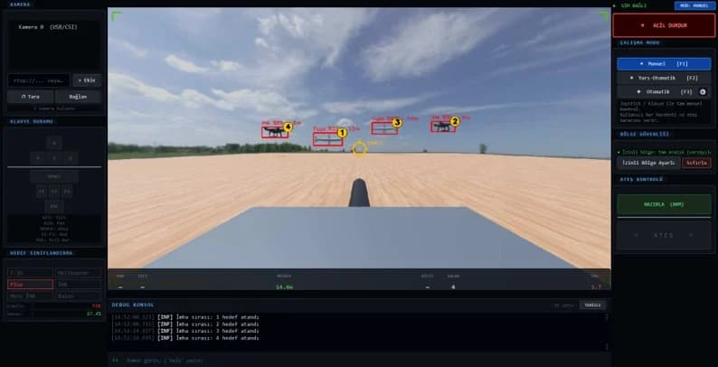 ENGEREK operator station: camera view with numbered targets, mode, zones and fire control