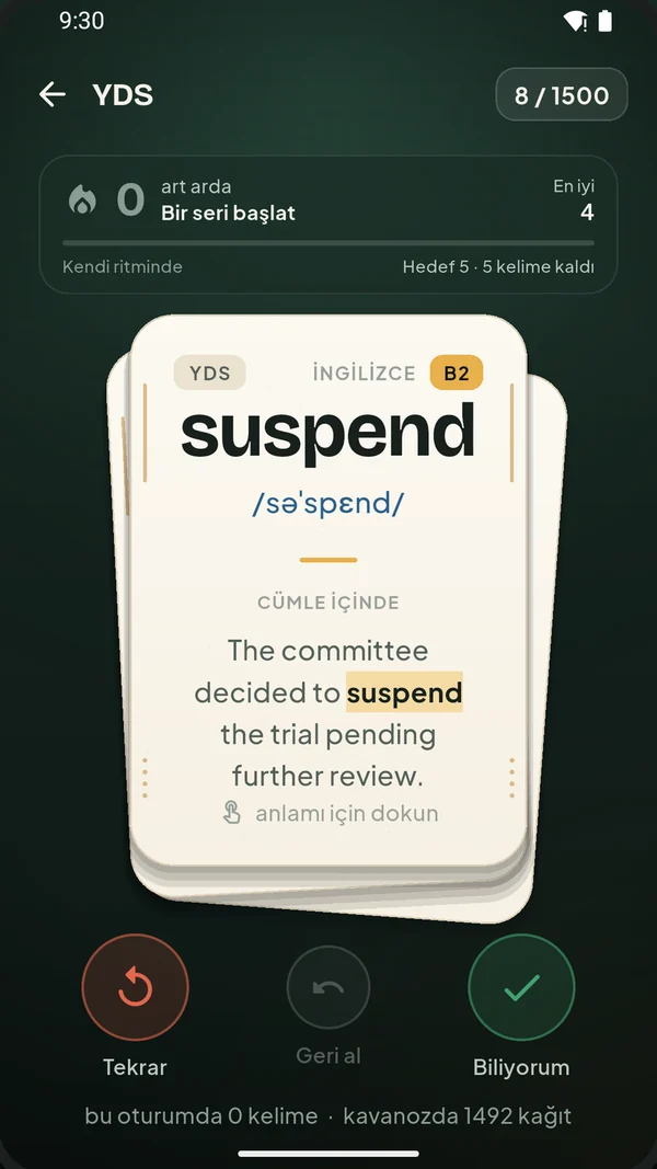 A word card showing the word suspend inside an example sentence