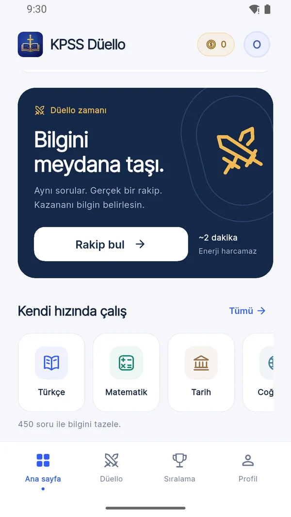 KPSS Düello home screen with the duel call to action and subjects